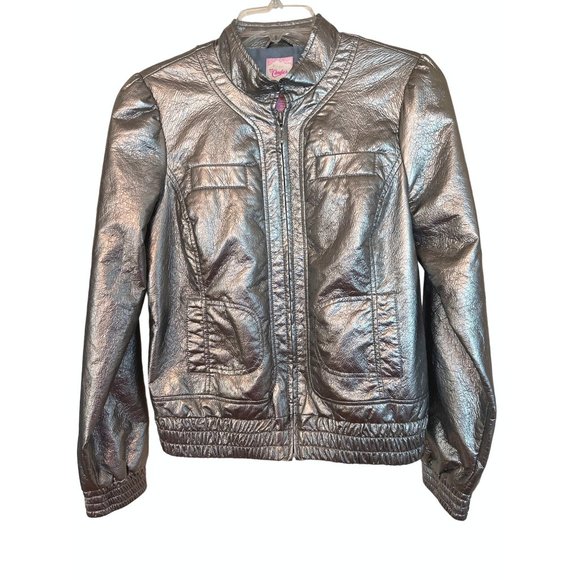 Candies Vintage Metallic Cotton Polyester Blend Y2K Silver Bomber Jacket w Liner - Picture 1 of 9
